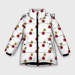Куртка зимняя для девочки Золотые и красные елочные шары - паттерн, цвет: 3D-черный