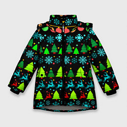 Куртка зимняя для девочки Узор с ёлками и оленями, цвет: 3D-светло-серый