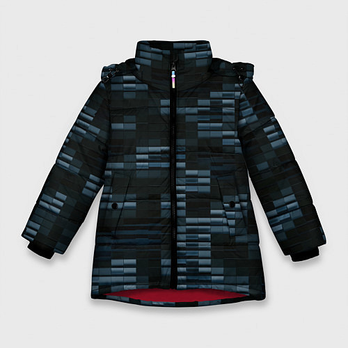Зимняя куртка для девочки Чёрные и синие блоки во тьме / 3D-Красный – фото 1