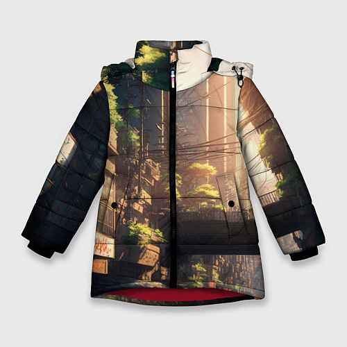 Зимняя куртка для девочки Японский город будущего / 3D-Красный – фото 1