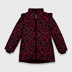 Куртка зимняя для девочки Розовые сердечки на темном фоне, цвет: 3D-черный