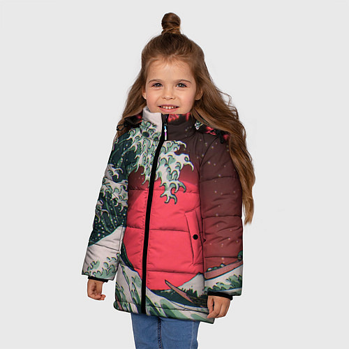 Зимняя куртка для девочки Японская волна в красном цвете / 3D-Светло-серый – фото 3