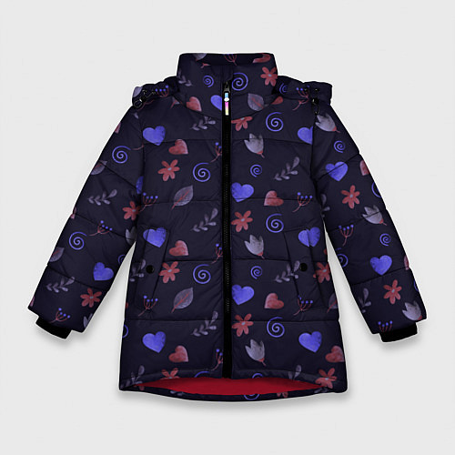 Зимняя куртка для девочки Паттерн с сердечками и цветами / 3D-Красный – фото 1
