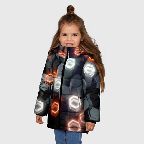 Зимняя куртка для девочки Плитки со свечением броня / 3D-Светло-серый – фото 3