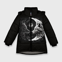 Куртка зимняя для девочки Волки инь-янь луна, цвет: 3D-светло-серый