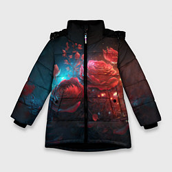 Куртка зимняя для девочки Алые розы в ночном лесу, цвет: 3D-черный