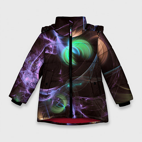 Зимняя куртка для девочки Магические фиолетовые волны и цветные космические / 3D-Красный – фото 1