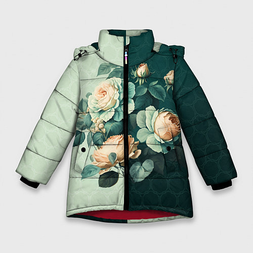 Зимняя куртка для девочки Розы на зеленом фоне / 3D-Красный – фото 1