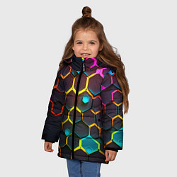 Куртка зимняя для девочки Неоновые абстрактные соты, цвет: 3D-черный — фото 2