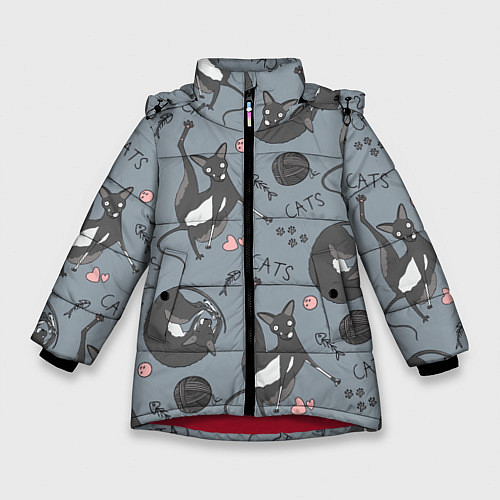 Зимняя куртка для девочки Паттерн смешные коты Корниш рекс / 3D-Красный – фото 1