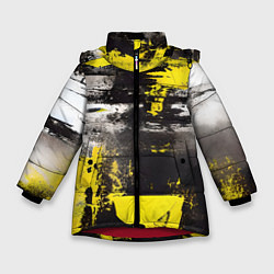 Куртка зимняя для девочки Черно-желтая абстракция, нейросеть, цвет: 3D-красный