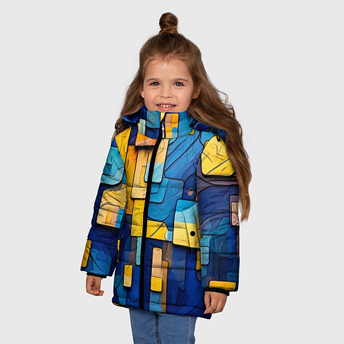 Зимняя куртка для девочки Синие и жёлтые фигуры / 3D-Светло-серый – фото 3