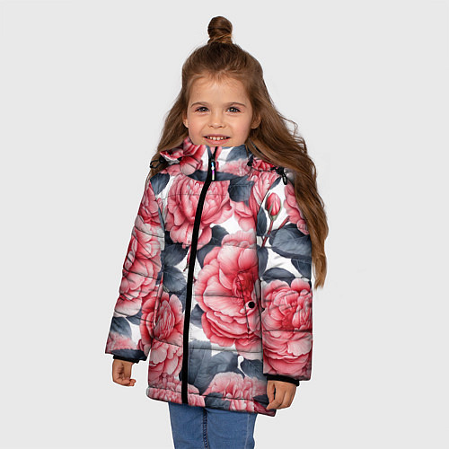 Зимняя куртка для девочки Цветы и бутоны розы - паттерн / 3D-Светло-серый – фото 3