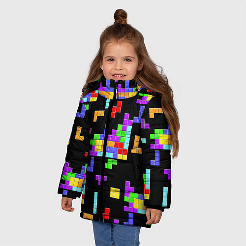 Зимняя куртка для девочки Неоновый тетрис на темном фоне / 3D-Светло-серый – фото 3