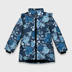 Куртка зимняя для девочки Голубые розы паттерн, цвет: 3D-черный