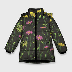 Куртка зимняя для девочки Полевые цветочки на темном фоне, цвет: 3D-черный
