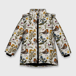 Куртка зимняя для девочки Птицы малиновки и зверобой, цвет: 3D-черный