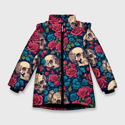 Куртка зимняя для девочки Черепа и красные розы, цвет: 3D-черный