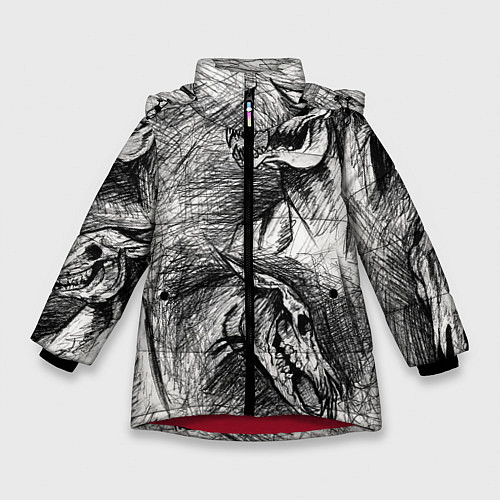 Зимняя куртка для девочки Черепа лошадей - эскиз / 3D-Красный – фото 1