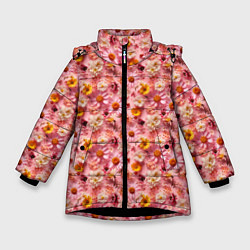 Куртка зимняя для девочки Желтые белые и розовые цветы, цвет: 3D-черный