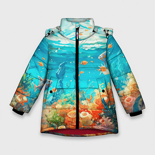Зимняя куртка для девочки Морской подводный мир / 3D-Красный – фото 1