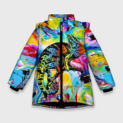 Куртка зимняя для девочки Маскировка хамелеона на фоне ярких красок, цвет: 3D-черный