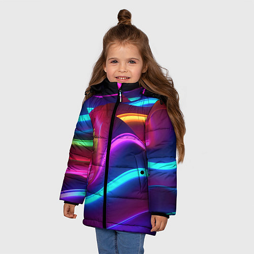 Зимняя куртка для девочки Неоновые волны фиолетового оттенка / 3D-Светло-серый – фото 3