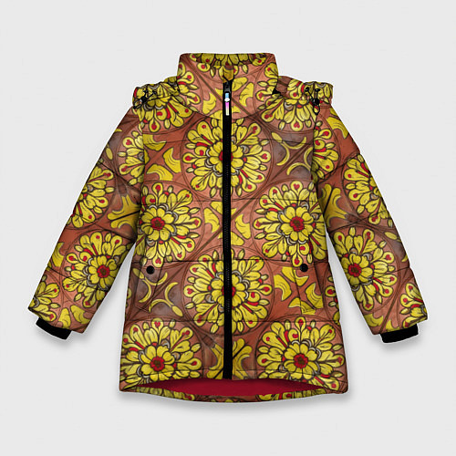 Зимняя куртка для девочки Желто-красные цветочки / 3D-Красный – фото 1
