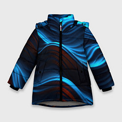Куртка зимняя для девочки Синие волны абстракт, цвет: 3D-светло-серый