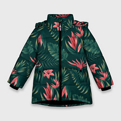 Куртка зимняя для девочки Красные цветы папоротника, цвет: 3D-черный