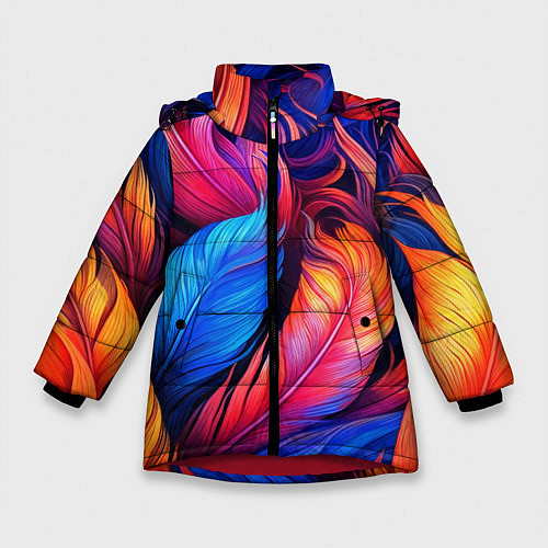 Зимняя куртка для девочки Экзотические перья / 3D-Красный – фото 1