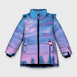Куртка зимняя для девочки Город и красочное небо, цвет: 3D-черный
