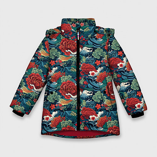 Зимняя куртка для девочки Рисунок Ирезуми Паттерн / 3D-Красный – фото 1