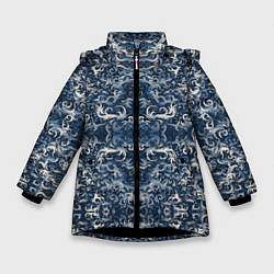 Куртка зимняя для девочки Белые японские облака на синем фоне, цвет: 3D-черный