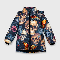 Куртка зимняя для девочки Пиксельные черепа, цвет: 3D-черный