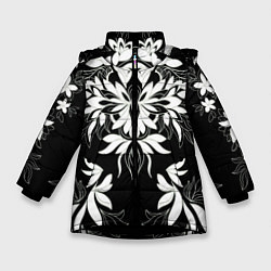 Куртка зимняя для девочки Цветы орнамент чб, цвет: 3D-черный