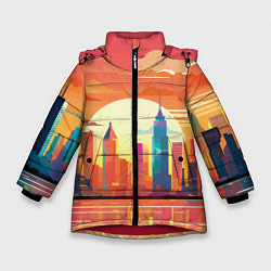 Куртка зимняя для девочки Городской пейзаж на рассвете, цвет: 3D-красный