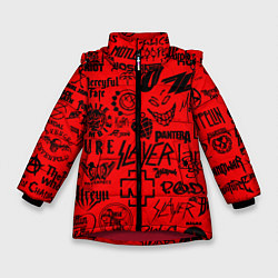 Куртка зимняя для девочки Лучшие рок группы на красном, цвет: 3D-красный