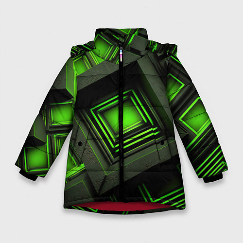 Зимняя куртка для девочки Неоновые зелёные блоки / 3D-Красный – фото 1