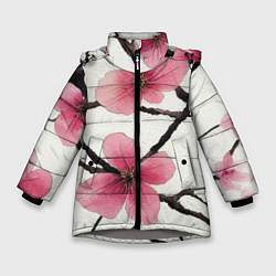 Куртка зимняя для девочки Цветы и ветви японской сакуры - текстура холста, цвет: 3D-светло-серый