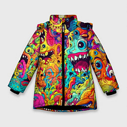 Куртка зимняя для девочки Космические зубастые чудовища, цвет: 3D-черный