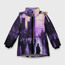 Куртка зимняя для девочки Человеческие силуэты на фоне большого города, цвет: 3D-светло-серый
