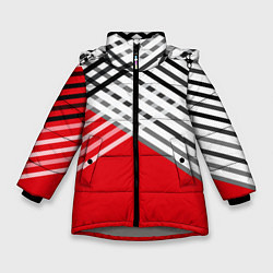 Куртка зимняя для девочки Косые черно-белые полосы на красном, цвет: 3D-светло-серый