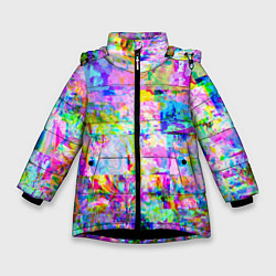 Куртка зимняя для девочки Яркий неоновый абстрактный Glitch, цвет: 3D-черный