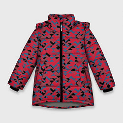 Куртка зимняя для девочки Черные и синие треугольники на красном, цвет: 3D-светло-серый