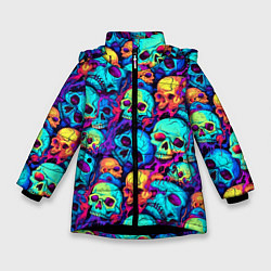 Куртка зимняя для девочки Яркие кислотные черепа, цвет: 3D-черный