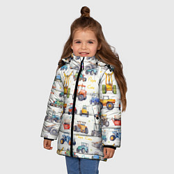 Куртка зимняя для девочки Акварельные тракторы - детский паттерн, цвет: 3D-красный — фото 2