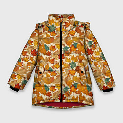 Куртка зимняя для девочки Осенние листья узор, цвет: 3D-красный