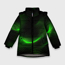 Куртка зимняя для девочки Зеленая абстракция на черном фоне, цвет: 3D-светло-серый