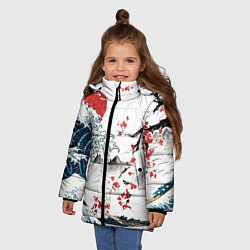 Куртка зимняя для девочки Хокусай большая волна в Канагаве - пародия укиё, цвет: 3D-черный — фото 2